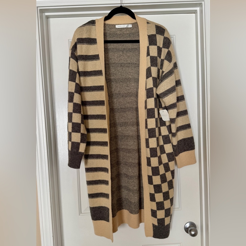 Altar’d State M Checkerboard Striped Longline Duster Cardigan Sweater NWT - Picture 4 of 13